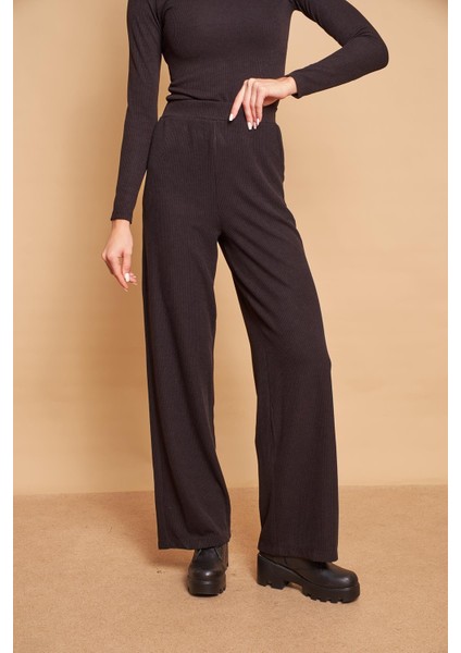 Yüksek Bel Yan Cepli Yürüyüş Triko Pantolon-Siyah fırsatları