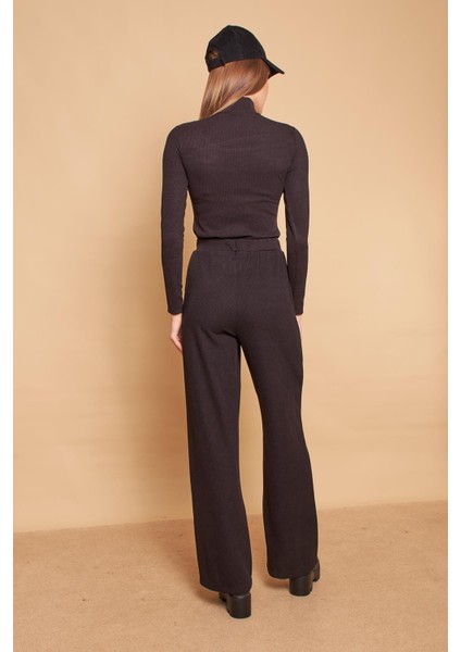 Yüksek Bel Yan Cepli Yürüyüş Triko Pantolon-Siyah indirimleri