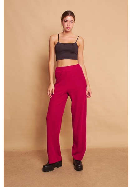 Yüksek Bel Yan Cepli Yürüyüş Triko Pantolon-Bordo