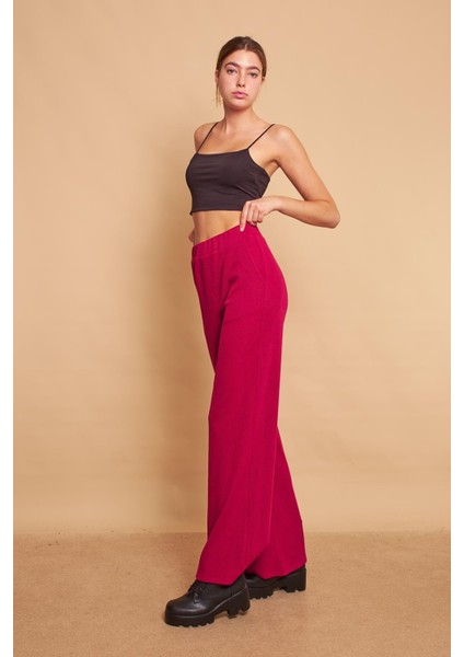 Yüksek Bel Yan Cepli Yürüyüş Triko Pantolon-Bordo fiyatları