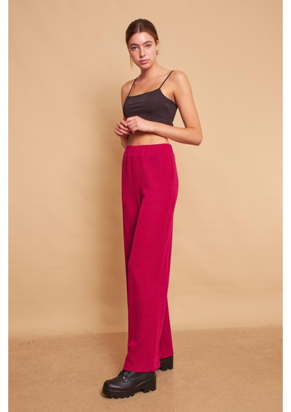 Yüksek Bel Yan Cepli Yürüyüş Triko Pantolon-Bordo modelleri