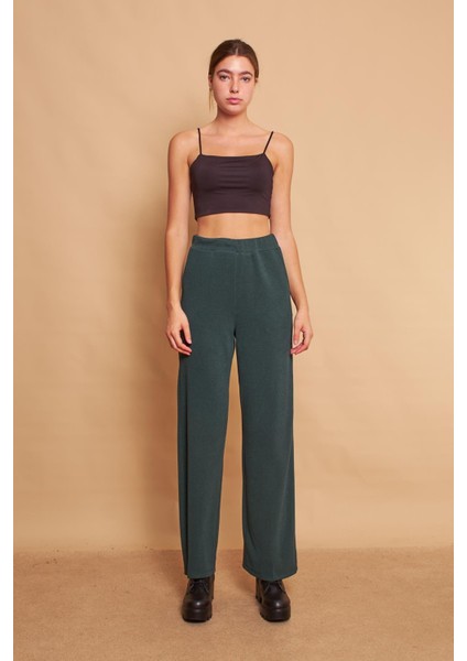 Yüksek Bel Yan Cepli Yürüyüş Triko Pantolon-Zümrüt