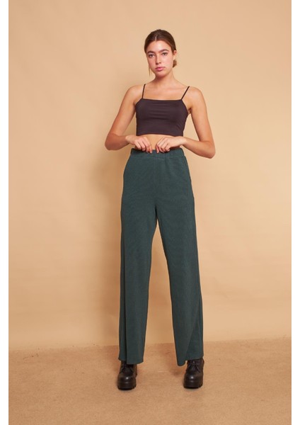 Yüksek Bel Yan Cepli Yürüyüş Triko Pantolon-Zümrüt fiyatları