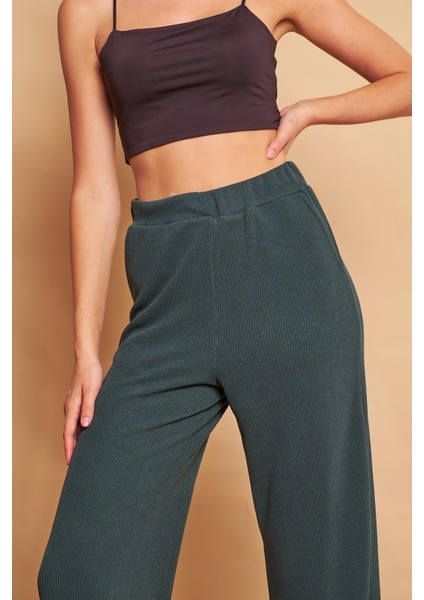Yüksek Bel Yan Cepli Yürüyüş Triko Pantolon-Zümrüt indirimleri