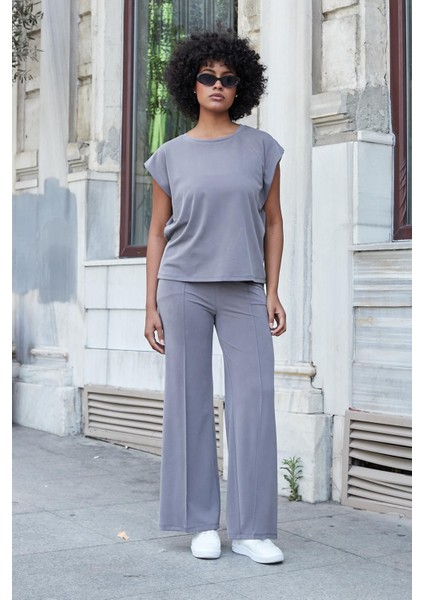 Kadın Modal Ipeksi Likralı Kumaş Yüksek Bel Önden Dikişli Cepli Bol Paça Palazzo Pantolon-Antrasit