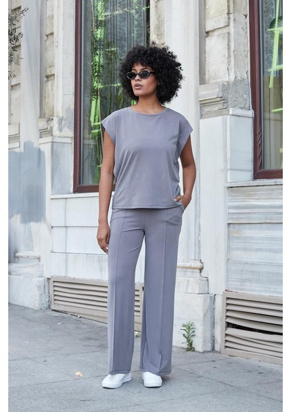 Kadın Modal Ipeksi Likralı Kumaş Yüksek Bel Önden Dikişli Cepli Bol Paça Palazzo Pantolon-Antrasit fiyatları