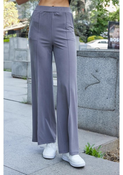Kadın Modal Ipeksi Likralı Kumaş Yüksek Bel Önden Dikişli Cepli Bol Paça Palazzo Pantolon-Antrasit modelleri