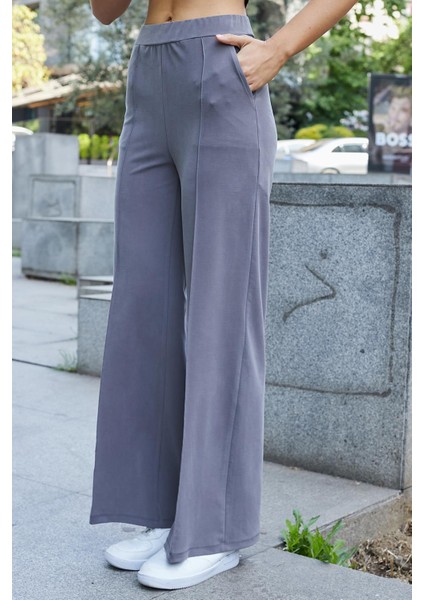 Kadın Modal Ipeksi Likralı Kumaş Yüksek Bel Önden Dikişli Cepli Bol Paça Palazzo Pantolon-Antrasit fırsatları