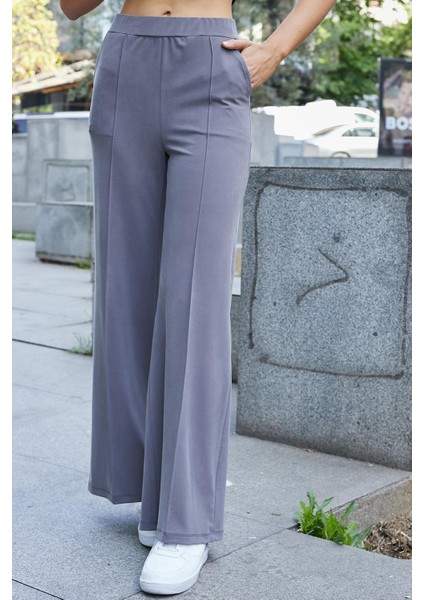 Kadın Modal Ipeksi Likralı Kumaş Yüksek Bel Önden Dikişli Cepli Bol Paça Palazzo Pantolon-Antrasit indirimleri