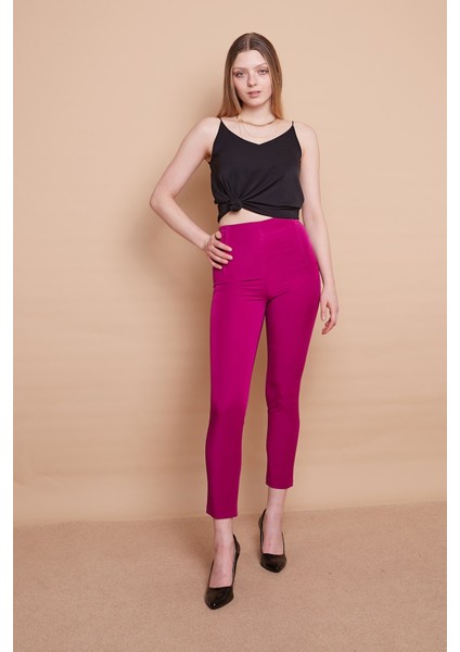 Yüksek Bel Önü Arkası Flatolu Dar Paça Likralı Kumaş Ofis Pantolon-Magenta modelleri