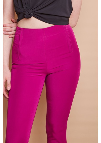 Yüksek Bel Önü Arkası Flatolu Dar Paça Likralı Kumaş Ofis Pantolon-Magenta fırsatları