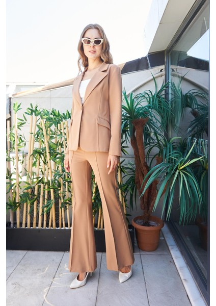 Kadın Yüksek Bel Cepli Ispanyol Paça Önü Dikişli Hafif Likralı Kumaş Pantolon(Ceket Kodu Jument 30080)-CAMEL fiyatları