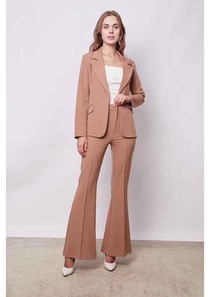 Kadın Yüksek Bel Cepli Ispanyol Paça Önü Dikişli Hafif Likralı Kumaş Pantolon(Ceket Kodu Jument 30080)-CAMEL modelleri