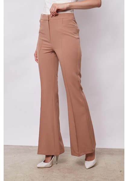 Kadın Yüksek Bel Cepli Ispanyol Paça Önü Dikişli Hafif Likralı Kumaş Pantolon(Ceket Kodu Jument 30080)-CAMEL indirimleri