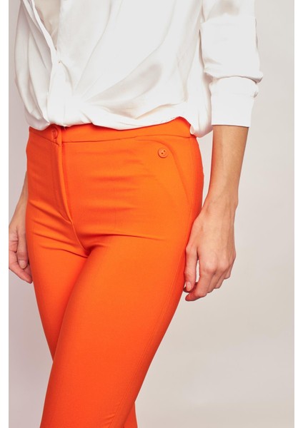Kalın Kemerli Süs Cepli Bilek Boy Likralı Kumaş Pantolon-Oranj indirimleri