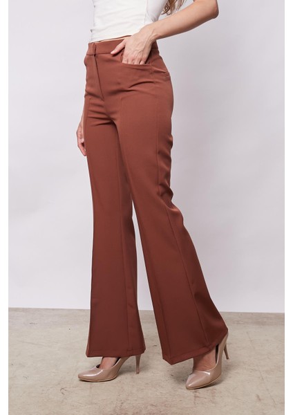 Kadın Yüksek Bel Cepli Ispanyol Paça Önü Dikişli Hafif Likralı Kumaş Pantolon(Ceket Kodu Jument 30080)-TABA indirimleri