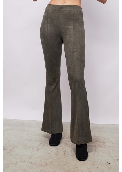 Kadın Kadife Likralı Yumuşak Dokulu Yüksek Bel Ön Arka Dikişli Ispanyol Paça Pantolon-Haki fırsatları