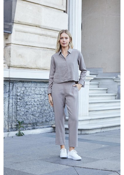 Kadın Likrasız Modal Kumaş Yüksek Bel Beli Lastikli Yan Cepli Dar Paça Bilek Boy Pantolon-Duman fiyatları