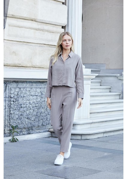 Kadın Likrasız Modal Kumaş Yüksek Bel Beli Lastikli Yan Cepli Dar Paça Bilek Boy Pantolon-Duman modelleri