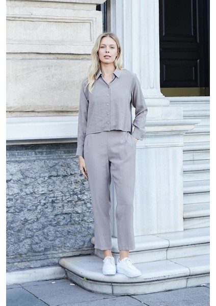 Kadın Likrasız Modal Kumaş Yüksek Bel Beli Lastikli Yan Cepli Dar Paça Bilek Boy Pantolon-Duman fırsatları