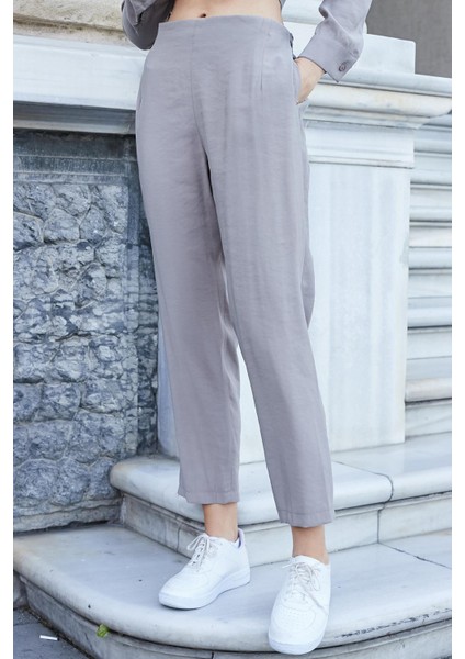Kadın Likrasız Modal Kumaş Yüksek Bel Beli Lastikli Yan Cepli Dar Paça Bilek Boy Pantolon-Duman indirimleri