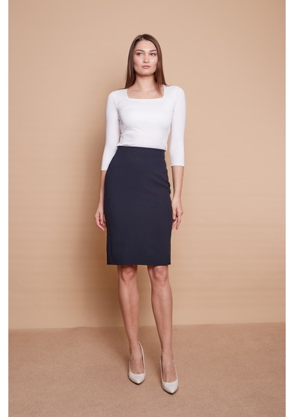 Astarlı Yüksek Bel Diz Altı Hafif Likralı Yırtmaçlı Kumaş Ofis Kalem Etek -Lacivert