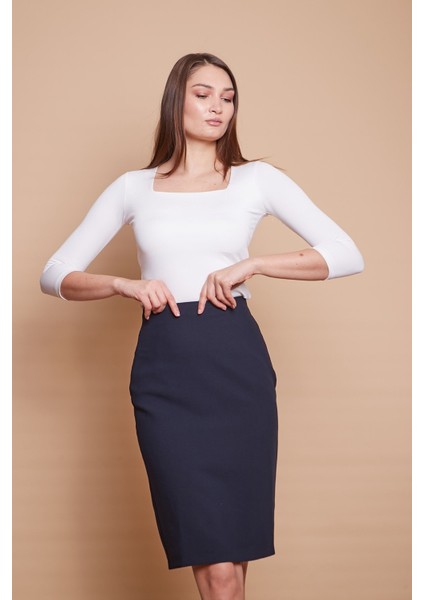 Astarlı Yüksek Bel Diz Altı Hafif Likralı Yırtmaçlı Kumaş Ofis Kalem Etek -Lacivert modelleri