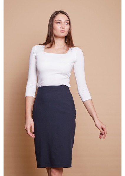 Astarlı Yüksek Bel Diz Altı Hafif Likralı Yırtmaçlı Kumaş Ofis Kalem Etek -Lacivert fırsatları