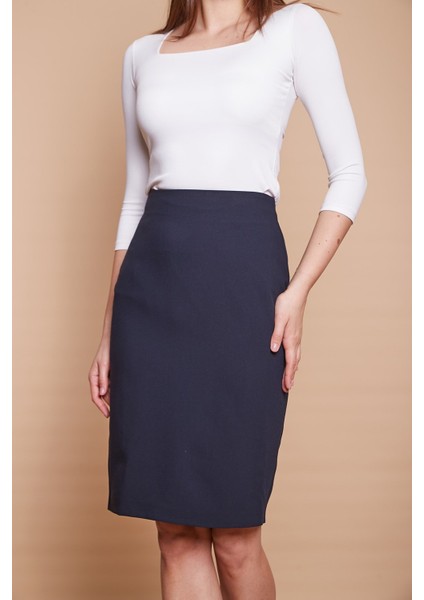 Astarlı Yüksek Bel Diz Altı Hafif Likralı Yırtmaçlı Kumaş Ofis Kalem Etek -Lacivert indirimleri