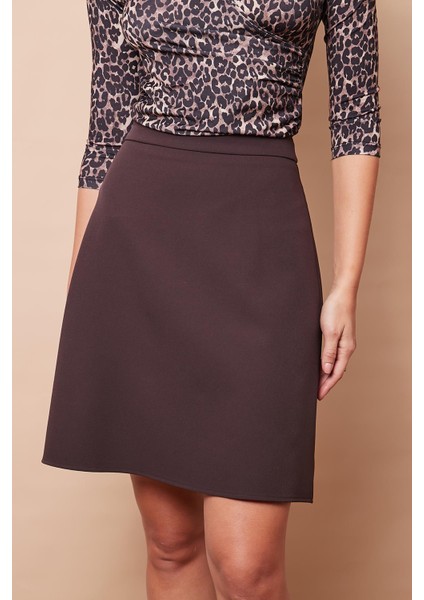 Yüksek Bel Hafif Likralı Kumaş Diz Boy Çan Etek-Kahve modelleri