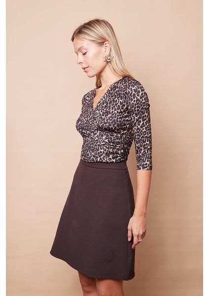 Yüksek Bel Hafif Likralı Kumaş Diz Boy Çan Etek-Kahve fırsatları