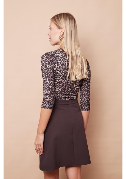 Yüksek Bel Hafif Likralı Kumaş Diz Boy Çan Etek-Kahve indirimleri