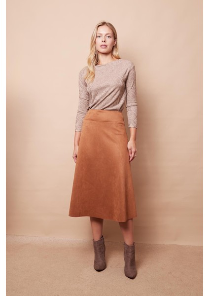 Hafif Likralı Süet Kumaş Yüksek Bel Kiloş Uzun Etek-Camel