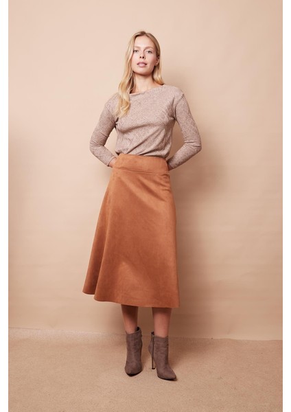 Hafif Likralı Süet Kumaş Yüksek Bel Kiloş Uzun Etek-Camel fiyatları