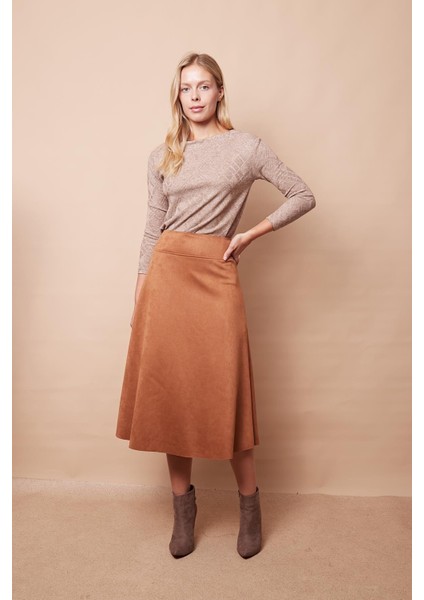 Hafif Likralı Süet Kumaş Yüksek Bel Kiloş Uzun Etek-Camel modelleri