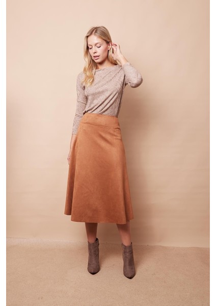 Hafif Likralı Süet Kumaş Yüksek Bel Kiloş Uzun Etek-Camel fırsatları