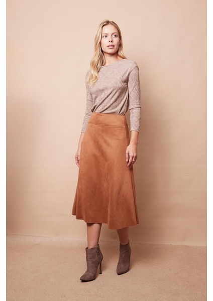 Hafif Likralı Süet Kumaş Yüksek Bel Kiloş Uzun Etek-Camel indirimleri