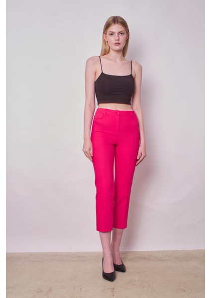 Yüksek Bel Önden Cep Kapaklı Boru Paça Hafif Likralı Kumaş Pantolon-Fujya fiyatları