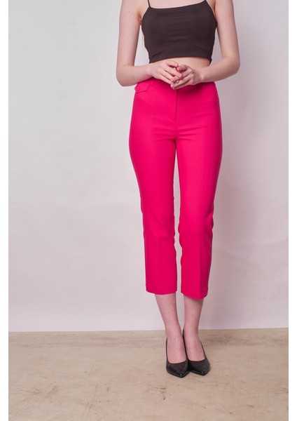 Yüksek Bel Önden Cep Kapaklı Boru Paça Hafif Likralı Kumaş Pantolon-Fujya modelleri