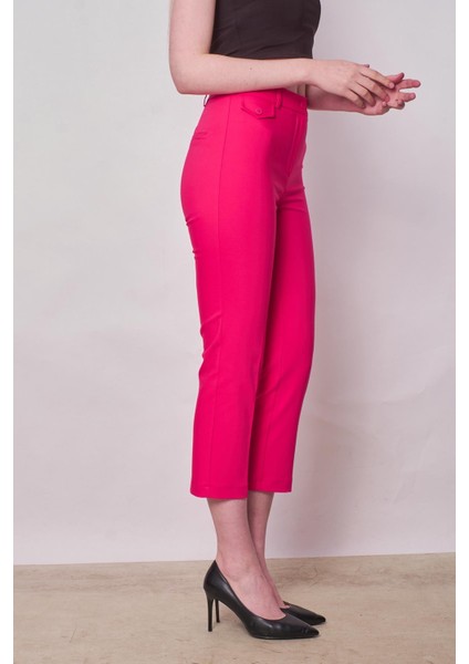 Yüksek Bel Önden Cep Kapaklı Boru Paça Hafif Likralı Kumaş Pantolon-Fujya fırsatları