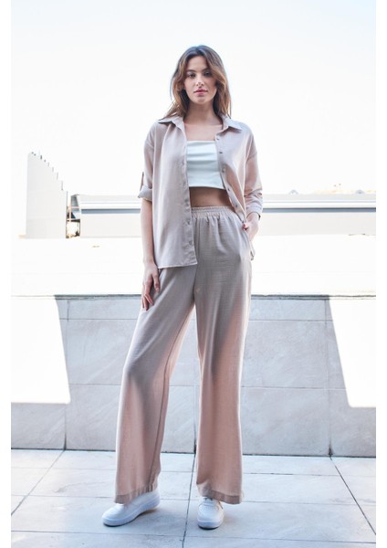 Keten Yüksek Bel Beli Lastikli Yan Cepli Bol Paça Pantolon -Taş