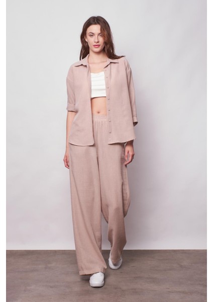 Keten Yüksek Bel Beli Lastikli Yan Cepli Bol Paça Pantolon -Taş fiyatları
