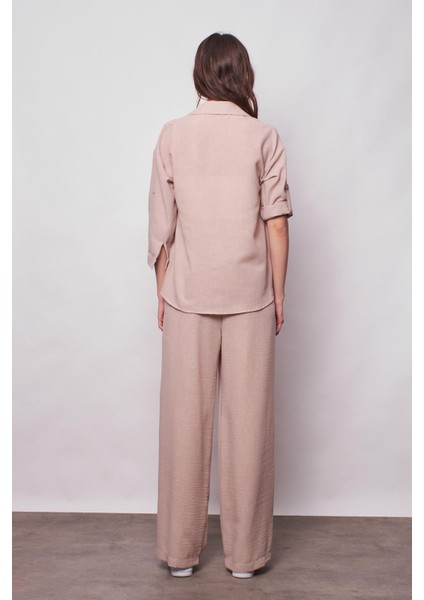 Keten Yüksek Bel Beli Lastikli Yan Cepli Bol Paça Pantolon -Taş modelleri