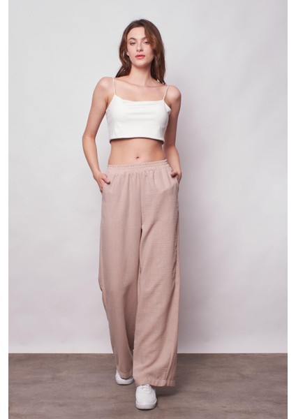Keten Yüksek Bel Beli Lastikli Yan Cepli Bol Paça Pantolon -Taş fırsatları
