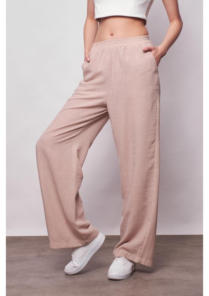 Keten Yüksek Bel Beli Lastikli Yan Cepli Bol Paça Pantolon -Taş indirimleri
