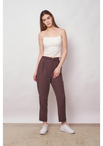 Keten Yüksek Bel Pileli Beli Lastikli Kemerli Boyfriend Pantolon-Kahve fiyatları