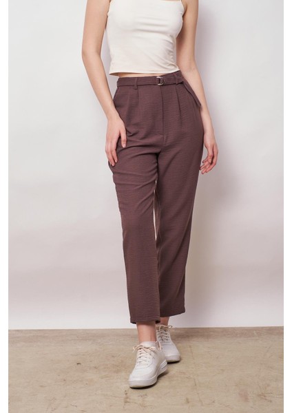 Keten Yüksek Bel Pileli Beli Lastikli Kemerli Boyfriend Pantolon-Kahve indirimleri