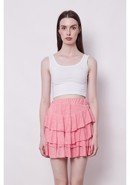 Yazlık Kumaş Fırfırlı Diz Üstü Mykonos Etek-Mercan