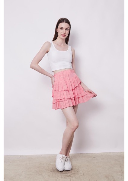 Yazlık Kumaş Fırfırlı Diz Üstü Mykonos Etek-Mercan fiyatları