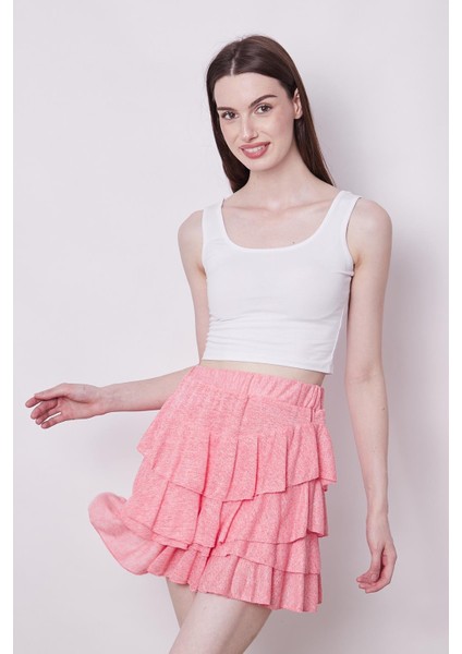 Yazlık Kumaş Fırfırlı Diz Üstü Mykonos Etek-Mercan modelleri